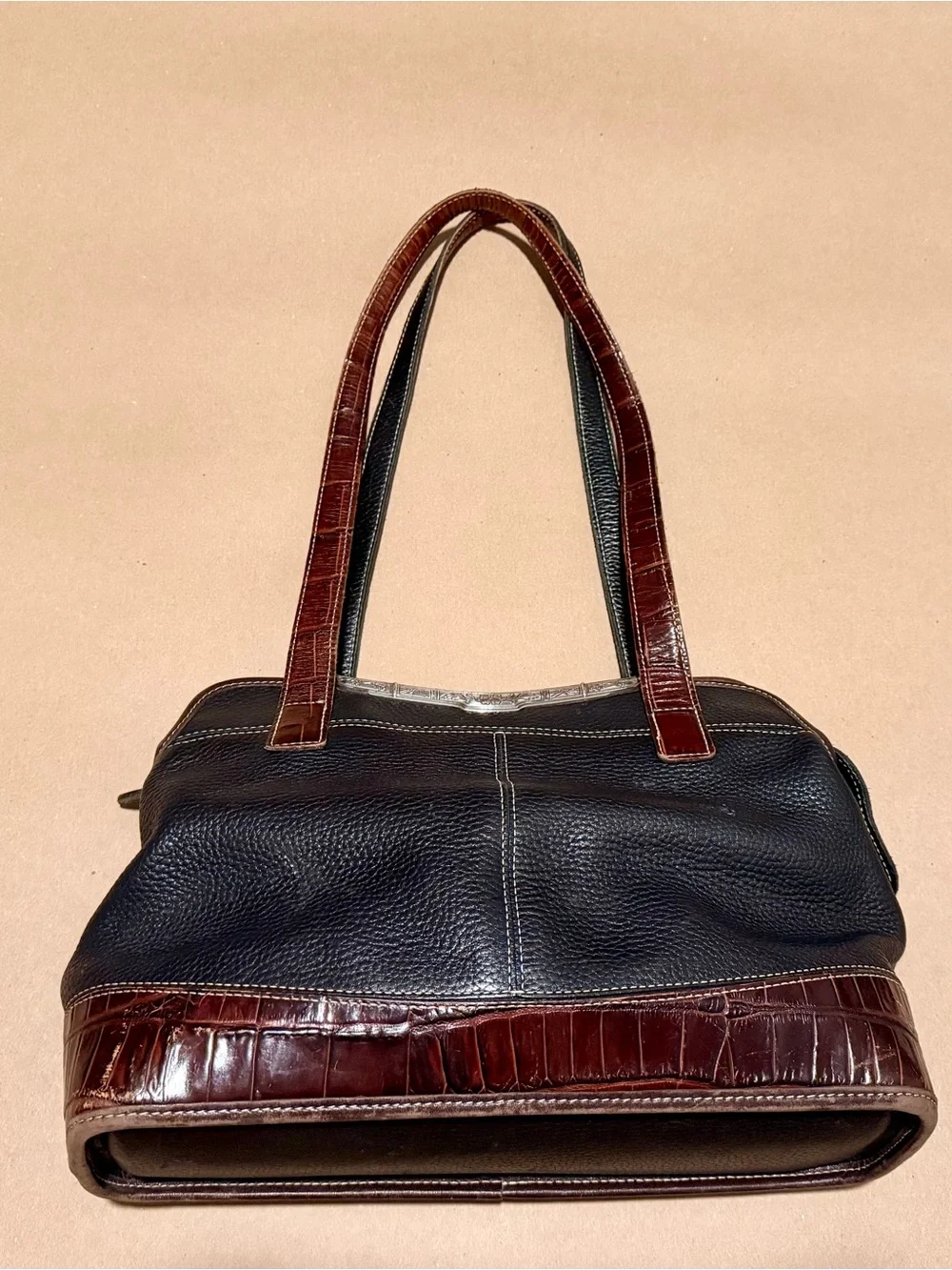 Brighton Black Pebbled Leather Shoulder Bag with Brown Croc-Embossed Trim